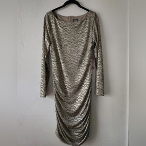 Gold Metallic Long-Sleeve Ruched Dress